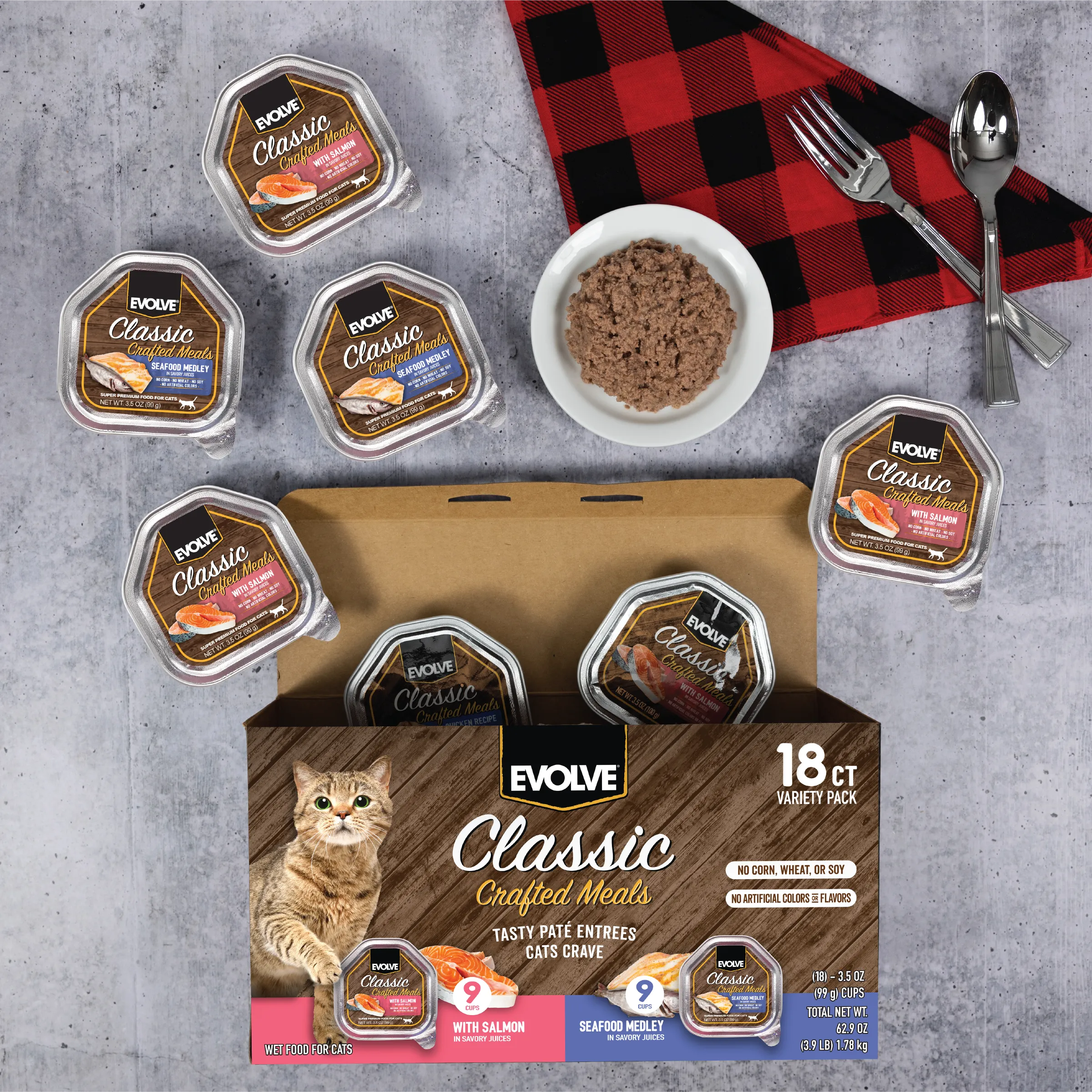 Classic Crafted Meals Wet Cat Food Variety Pack with Salmon & Seafood Medley | 3.5 oz - 18 pk | Evolve
