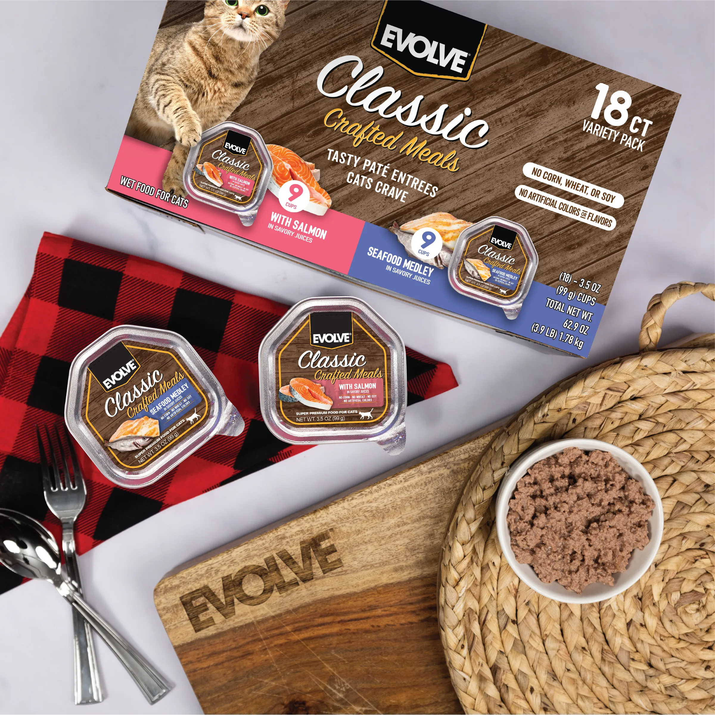 Classic Crafted Meals Wet Cat Food Variety Pack with Salmon & Seafood Medley | 3.5 oz - 18 pk | Evolve