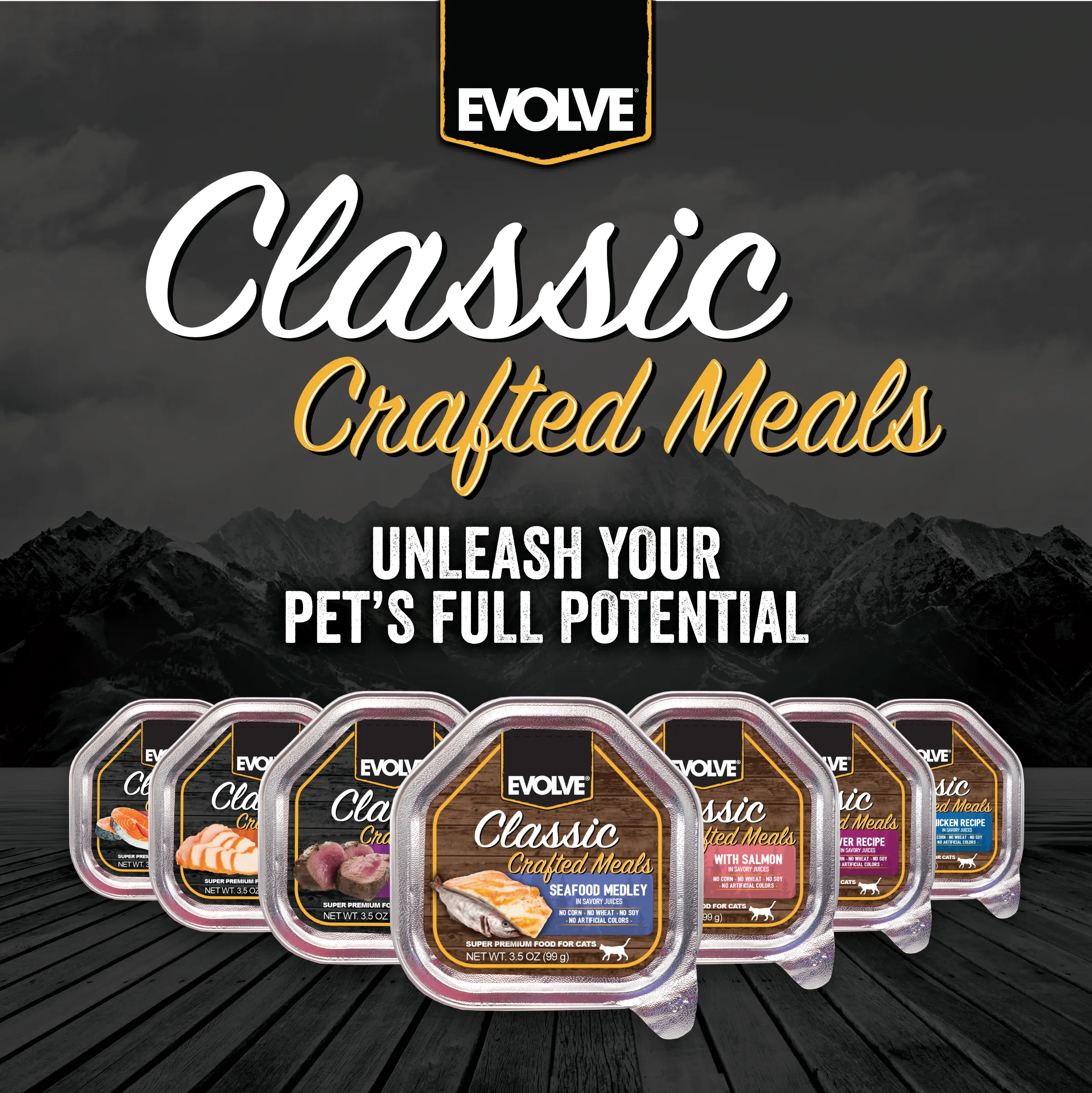 Classic Crafted Meals Wet Cat Food Variety Pack with Salmon & Seafood Medley | 3.5 oz - 18 pk | Evolve