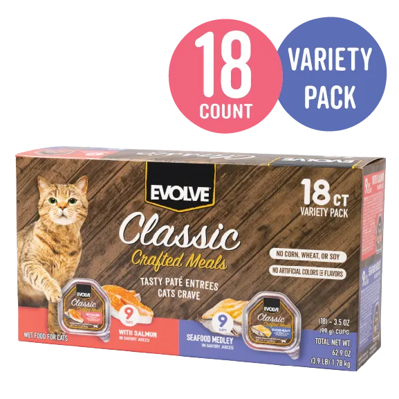 Classic Crafted Meals Wet Cat Food Variety Pack with Salmon & Seafood Medley | 3.5 oz - 18 pk | Evolve