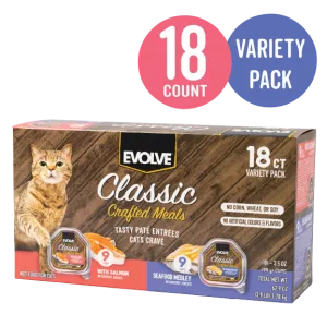 Classic Crafted Meals Wet Cat Food Variety Pack with Salmon & Seafood Medley | 3.5 oz - 18 pk | Evolve