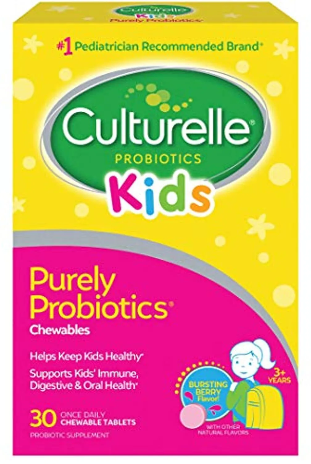 Culturelle Kids Chewable Daily Probiotic for Kids - Natural Berry - Supports Immune, Digestive, and Oral Health - For Age 3  - Gluten,Dairy,Soy-Free - 30 count