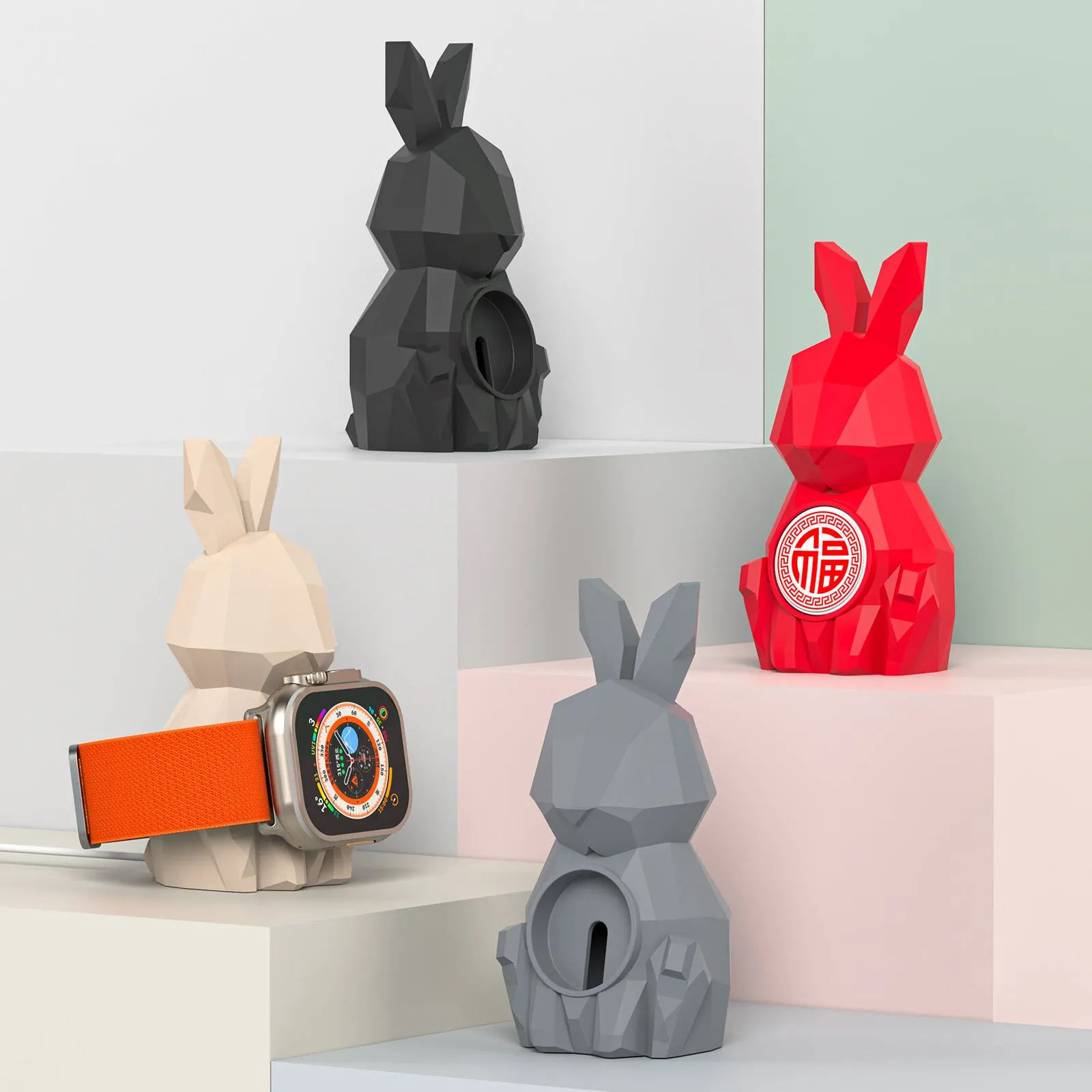 Geometric Rabbit Design Charger Stand for Apple Watch - Compatible with iWatch Series 1-8 / 38mm-45mm, Supports Night Stand Mode