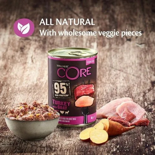 Wellness Core Wet Dog Food Can with 95% Turkey and Goat with Sweet Potato 6 x 400g